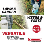 Marketing panel showing Chapin 20000 sprayer in garden settings with captions 'Lawn & Garden', 'Weeds & Pests' and 'Versatile'