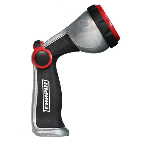 Side view of a Chapin branded metal and black plastic hose nozzle with red accents on a white background.