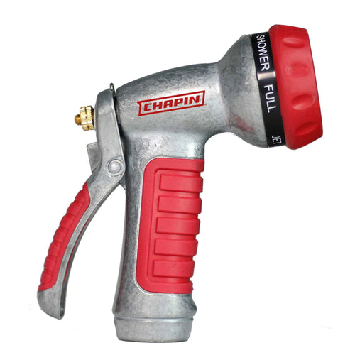 Chapin metal multi-pattern garden hose nozzle with red rubber grip and rotating red spray head labeled with patterns