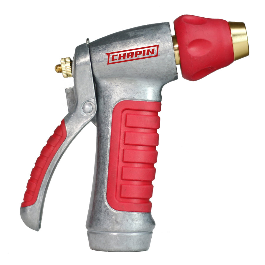 Chapin metal hose nozzle with red rubber grip and adjustable red tip, trigger-style handle on white background