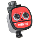 Close-up studio photo of a Chapin single-zone red-and-black mechanical water timer with dual dials and hose connector.