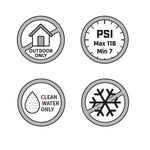 Four circular Chapin specification icons indicating outdoor use, PSI range, clean water only, and no freezing