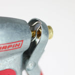 Close-up of Chapin hose nozzle trigger bracket, showing metal spring, screw and brass adjuster with partial logo visible