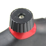 Close-up of a black ribbed flow-control knob seated in red housing on the handle of a Chapin watering wand.