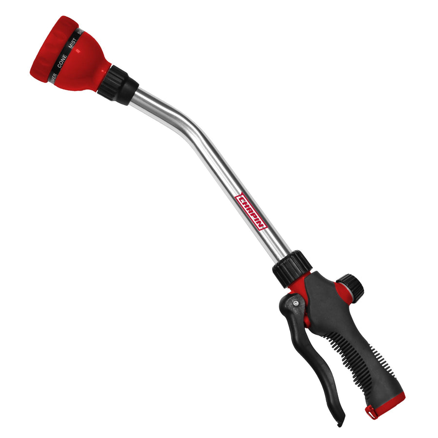 Chapin branded metal watering wand with curved shaft, red multi-pattern spray head and black ergonomic pistol grip.