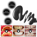 Graphic of black charcoal paste smear with before-and-after tooth whitening photos and benefit callouts