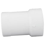 Side view of a white PVC pipe adapter fitting with a slightly larger socket on one end and smooth body