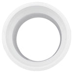 Top-down view into a white PVC pipe adapter showing the inner socket and concentric circular profile