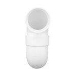 Top-down view of a white PVC P-trap showing circular inlet and rounded trap bend