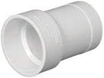 White Charlotte Pipe PVC adapter fitting shown at an angle, two different socket diameters and molded markings visible