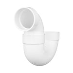 White PVC P-trap with hub connections shown at an angle, smooth curved body