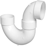 White PVC P-trap plumbing fitting photographed on white background showing hub ends