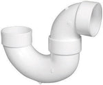 White PVC p-trap plumbing fitting with two hub openings and curved trap bend