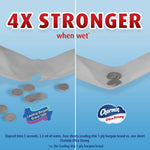 Promotional split image comparing paper strength with coins, headline '4X STRONGER when wet' and Charmin Ultra Strong logo