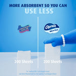 Graphic comparing absorbency with stacked paper squares and Charmin Ultra Soft logo and hand