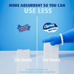 Comparison display showing stacks of sheets with Charmin Ultra Soft logo and claim 'More absorbent so you can use less'