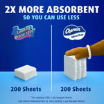 Side-by-side lab demo graphic comparing square stacks of sheets labeled 200 sheets for two brands with Charmin logo.