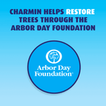 Blue gradient graphic with Arbor Day Foundation round logo and text about Charmin helping restore trees