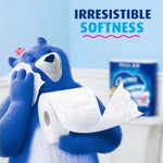 Blue bear character embracing and smelling an embossed Charmin toilet paper roll with pack blurred in background and 'Irresistible Softness' text.