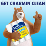 Charmin bear mascot holding a pack of Charmin Essentials Soft toilet paper with 'Get Charmin Clean' headline