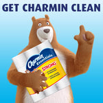 Charmin bear holding a wrapped pack of Charmin Essentials Strong toilet paper with partial headline GET CHARMIN CLEAN