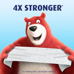 Red Charmin bear smiling and stretching a sheet of embossed toilet paper with '4X STRONGER' headline.