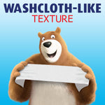 Charmin bear mascot holding a textured sheet of toilet paper under 'Washcloth-like texture' headline