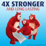 Promotional graphic of three red bear mascots holding a sheet of Charmin toilet paper under '4X STRONGER' headline
