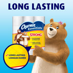 Charmin bear presenting a pack of Charmin Essentials Strong toilet paper beside a long-lasting callout badge