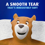 Close-up of Charmin bear mascot holding two textured toilet paper sheets with headline about smooth tear and softness.