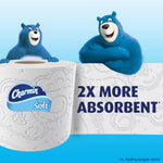 Two blue Charmin bears with a close-up roll of Charmin Ultra Soft toilet paper and 2x more absorbent text