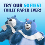 Two animated Charmin bears holding and unrolling a sheet of Charmin Ultra Soft with headline about softness