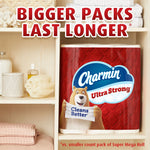 Charmin Ultra Strong multi-pack displayed on a shelf next to towels with headline 'BIGGER PACKS LAST LONGER'