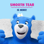 Blue cartoon bear holding two embossed sheets of Charmin Ultra Soft toilet paper under 'Smooth Tear is here' text