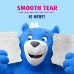Blue Charmin bear holding two sheets of embossed toilet paper with headline ‘Smooth Tear is here!’