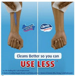 Advertising graphic showing two forearms wiping and text 'Cleans Better so you can USE LESS'