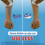 Split-arm infographic comparing cleaning power of Charmin Ultra Strong versus a bargain brand with 'Use Less' headline