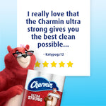 Customer testimonial graphic with a five-star rating, quoted praise and a Charmin bear holding a package of Ultra Strong rolls.