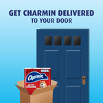 Illustration of Charmin packaging in an open box at a door with text 'Get Charmin delivered to your door'