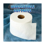 Single embossed Charmin toilet paper roll displayed on a blue towel with 'Irresistible Softness' text