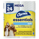 Front-facing Charmin Essentials soft package showing yellow branding, 'MEGA 24' emblem and bears illustration