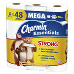 Close-up front view of Charmin Essentials Mega Strong toilet paper pack featuring the brand logo and bear family artwork