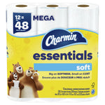 Close front view of Charmin Essentials soft yellow retail pack showing logo, bears and mega roll callout