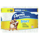 Front-facing Charmin Essentials Soft packaging showing mega branding, yellow label, and bear family illustration