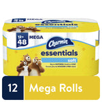 Charmin Essentials Soft mega roll pack on white background showing yellow branded wrap