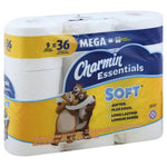 Pack of Charmin Essentials Soft toilet paper mega rolls with yellow and blue packaging and bear mascots