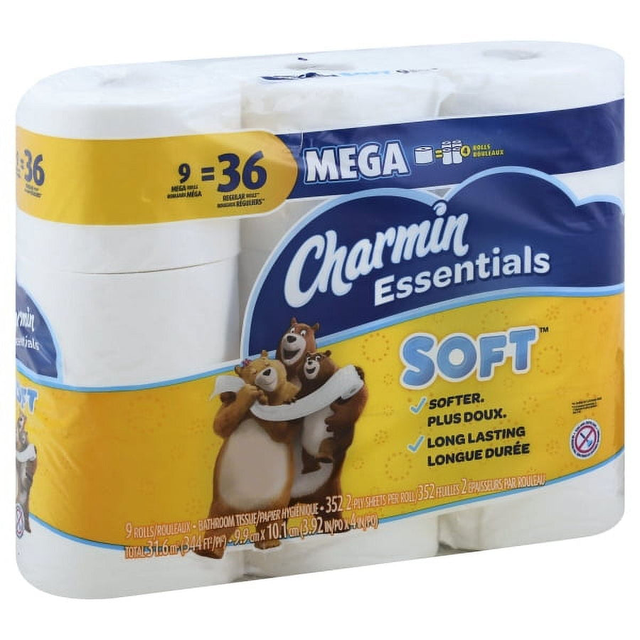 Pack of Charmin Essentials Soft toilet paper mega rolls with yellow and blue packaging and bear mascots