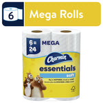 Charmin Essentials soft mega rolls pack close-up with 'Mega Rolls' banner and yellow packaging