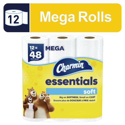 Packaged Charmin Essentials soft toilet paper mega rolls with yellow branding and bears