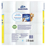 Close-up of the back of Charmin Essentials soft toilet paper pack showing texture and warranty label